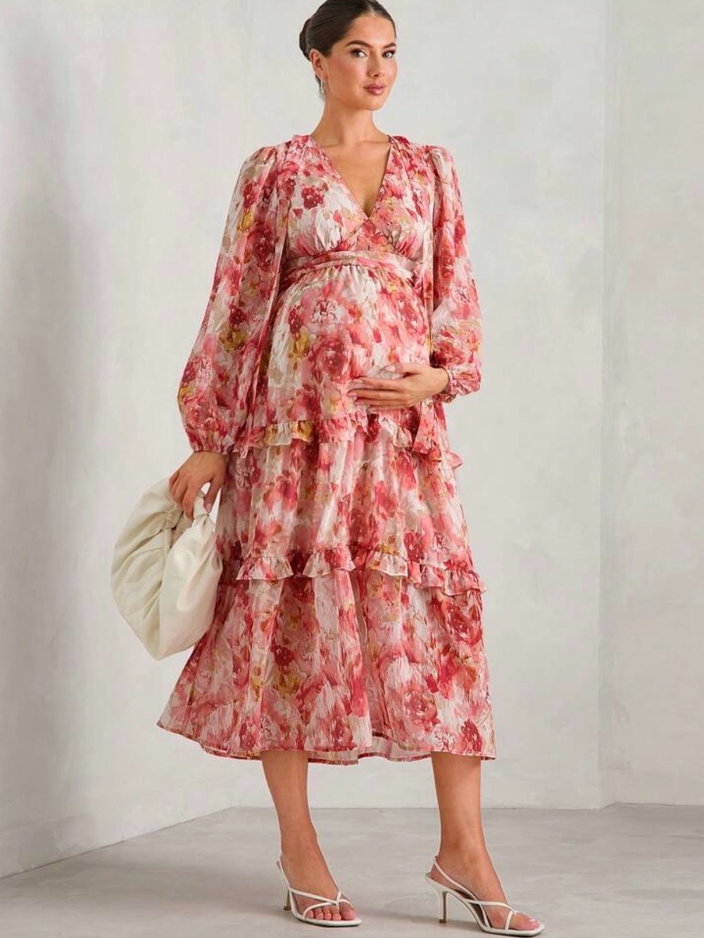 SHEIN Pink Floral Wrap Midi Dress